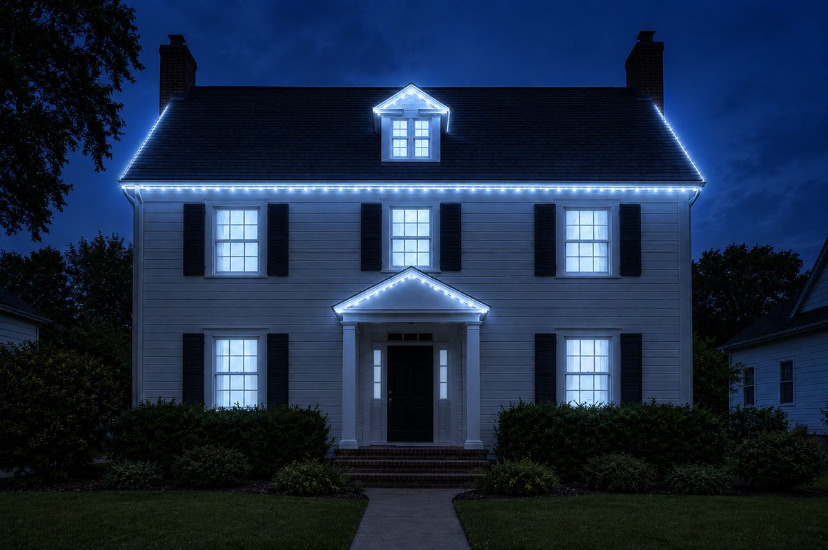 Two-story colonial home with cool ice-blue permanent architectural lighting installed