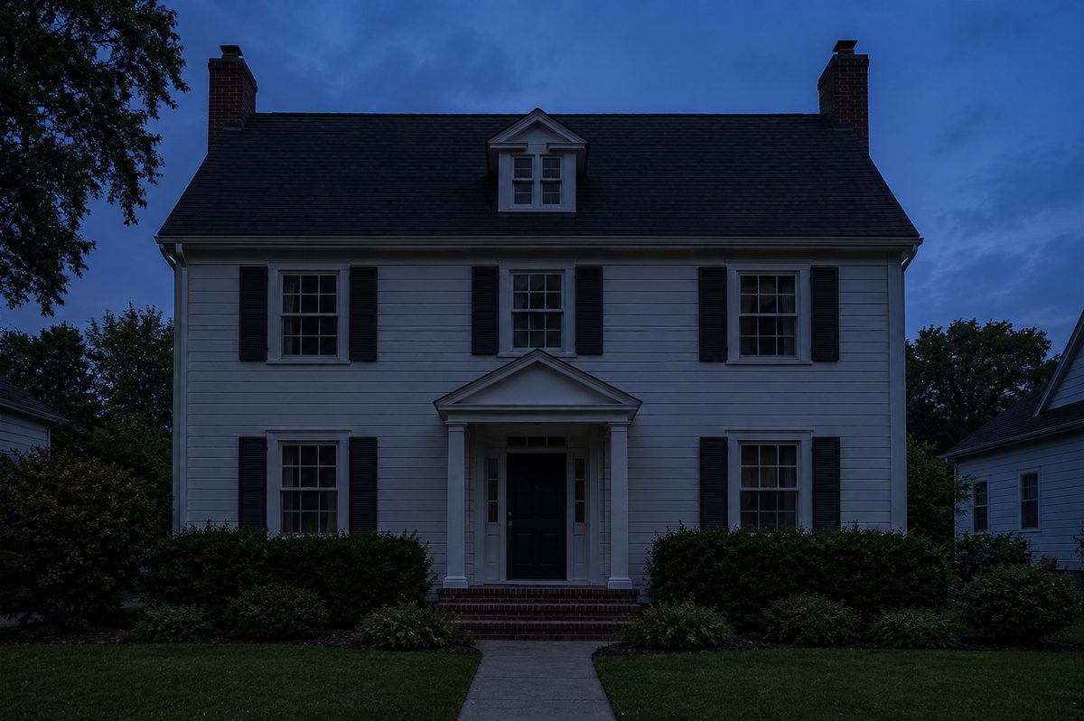 Two-story colonial home, unlit, before permanent lighting installation