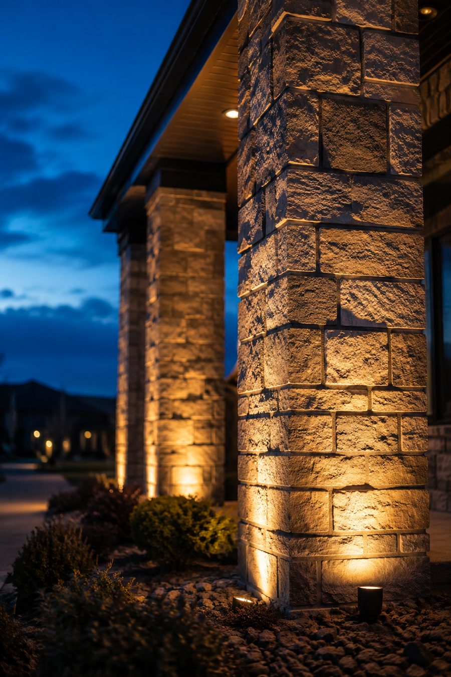 Stone columns with warm architectural uplighting installed at the base