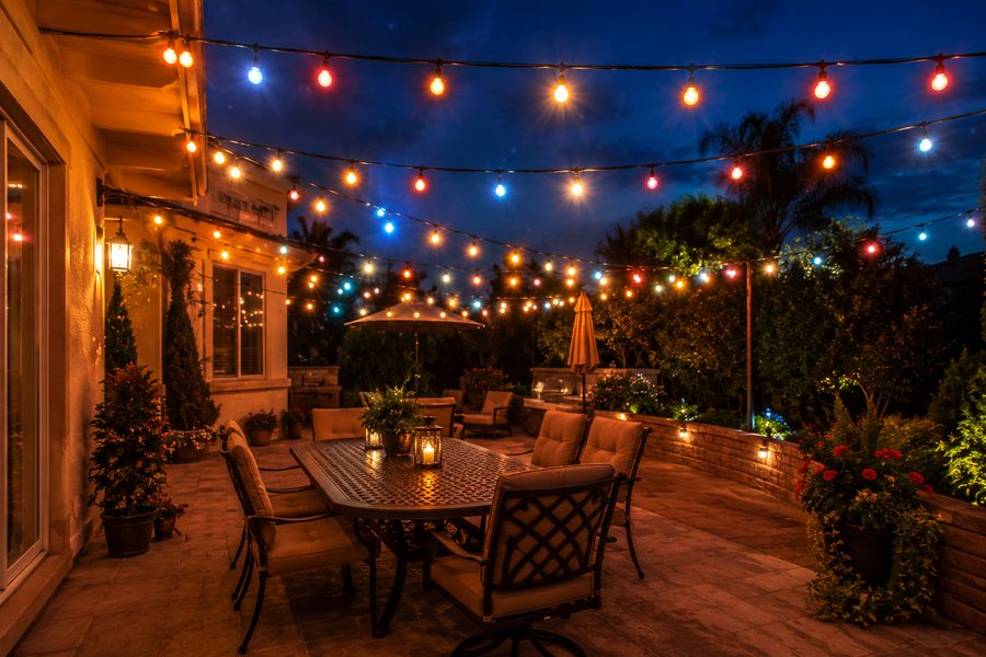 Backyard patio with multi-color festoon string lights for event and party mode