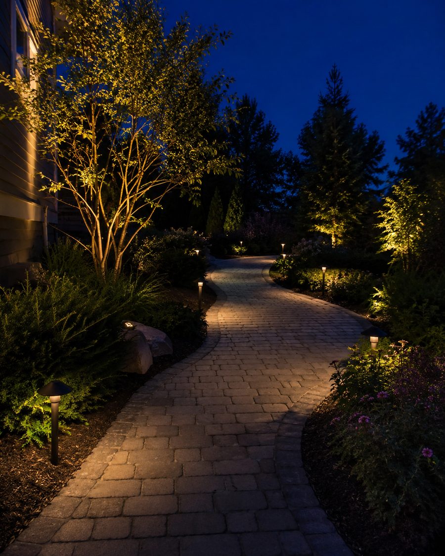 Winding garden path lit by low-voltage path lighting fixtures at night