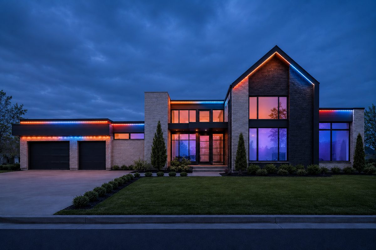 Modern luxury home with multi-color permanent architectural lighting