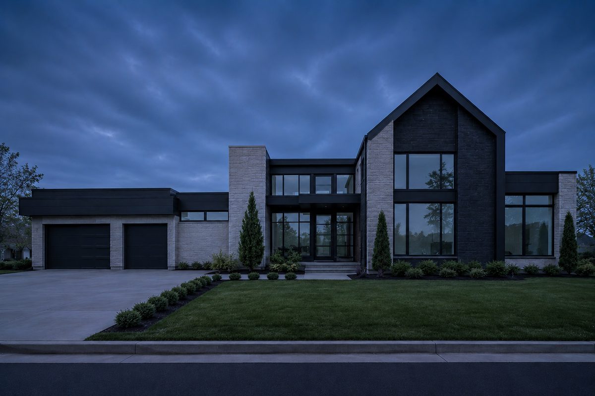 Modern luxury home, unlit, before permanent lighting installation